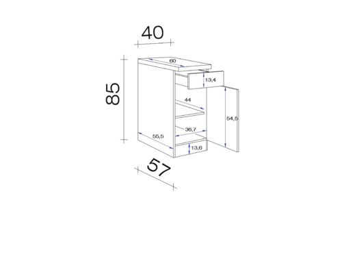 Rozmerový nákres spodnej skrinky so zásuvkou a dvierkami s rozmermi