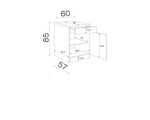 Nákres skrine so zásuvkou a dvierkami a rozmermi v centimetroch