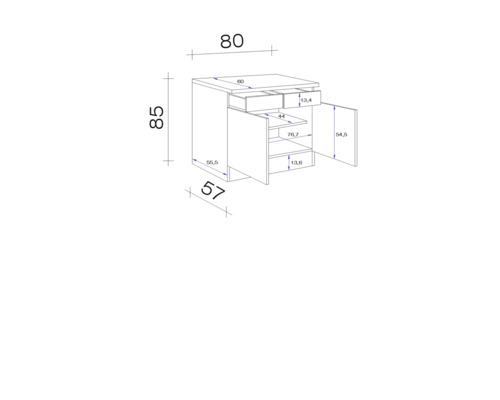 Technický nákres skrinky pod umývadlo s rozmermi.