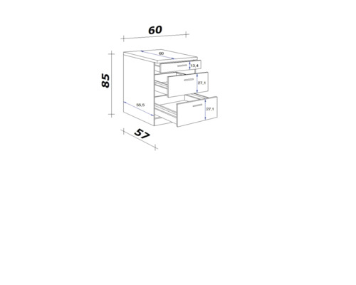 Technický výkres spodnej skrinky s tromi zásuvkami a rozmermi.