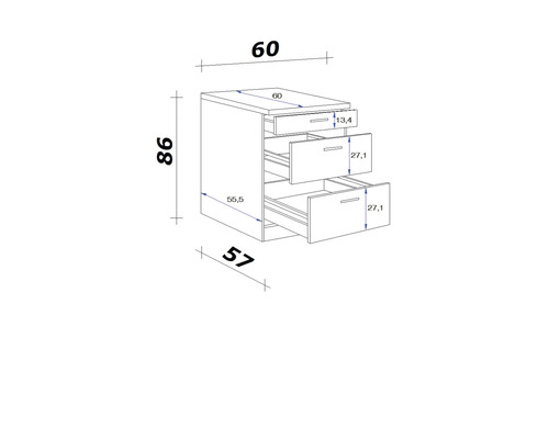 Technický nákres skrine so zásuvkami a rozmermi.