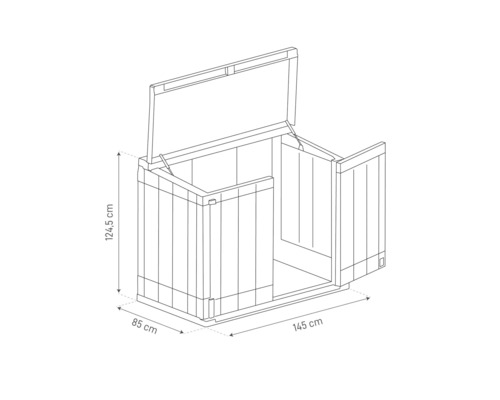 Ilustrácia úložného boxu s rozmermi 124,5 cm výška, 85 cm hĺbka a 145 cm šírka