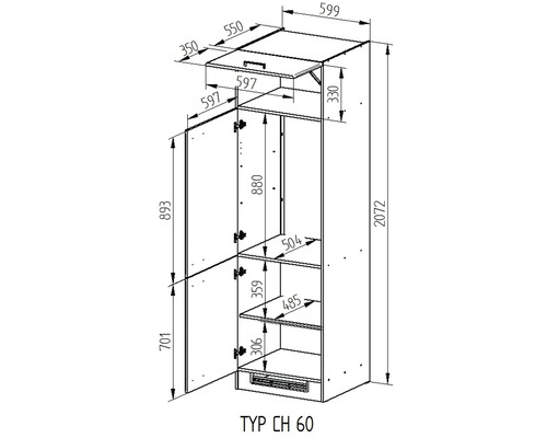 Technický nákres kuchynskej skrinky s rozmermi