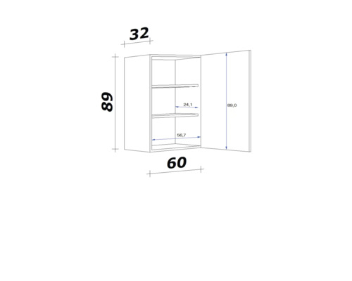 Technický nákres nástennej skrinky s rozmermi