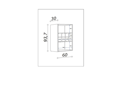 Rozmerový nákres nástennej skrinky s priehradkami, výška 93,7 cm, šírka 60 cm, hĺbka 30 cm