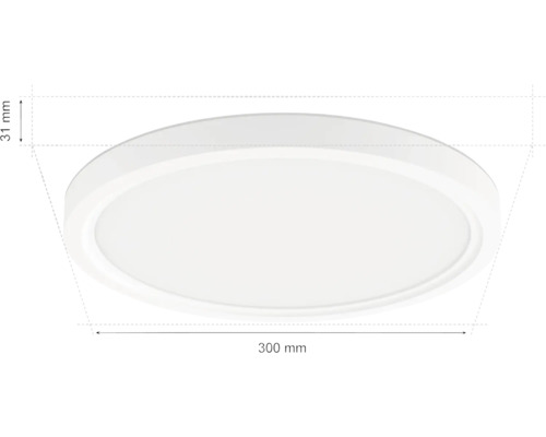 Biele LED stropné svietidlo s rozmermi 300 mm x 31 mm.