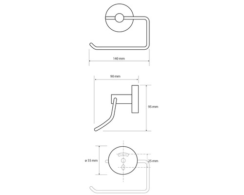 Technický nákres držiaka toaletného papiera s rozmermi