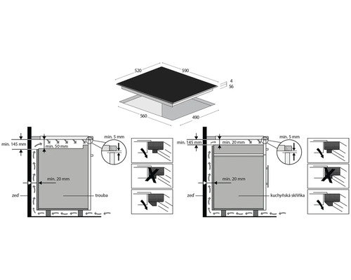 Montážny náčrt varných dosiek s rozmerami pre inštaláciu