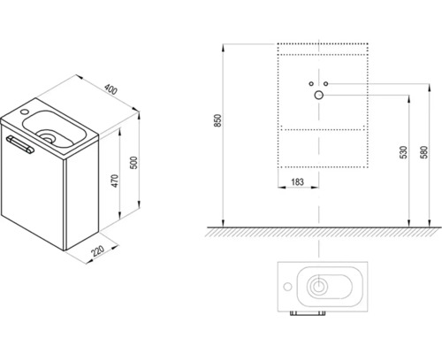 Technický nákres skrinky pod umývadlo s rozmermi