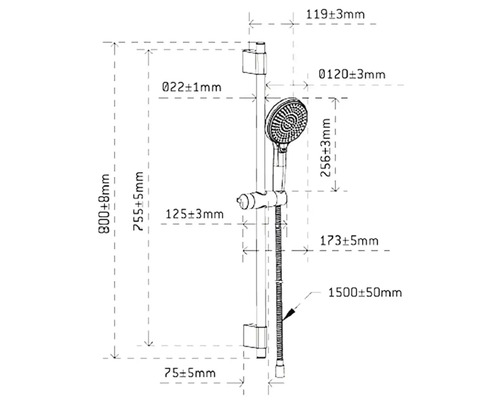 Rozmerový nákres sprchovej tyče s ručnou sprchou a hadicou