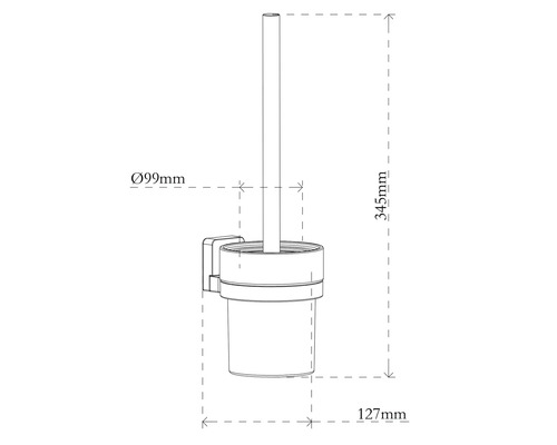 Technický nákres súpravy nástenné WC kefy s rozmermi: priemer 99 milimetrov, výška 345 milimetrov, hĺbka 127 milimetrov