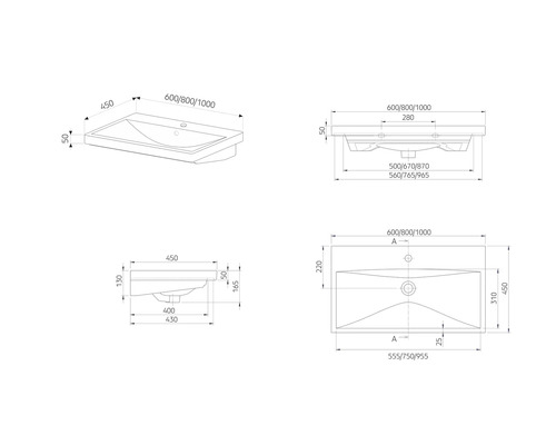 Technický nákres umývadla s rozmermi.