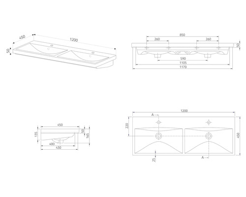 Technický výkres dvojitého umývadla s rozmermi
