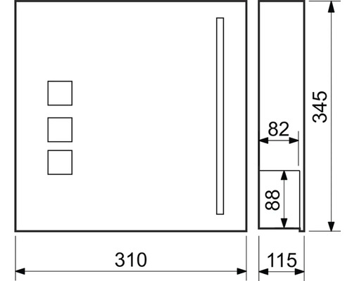 Technický nákres zrkadlovej skrinky s rozmermi