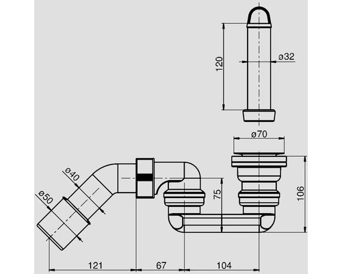 Technický nákres sifónu s rozmermi
