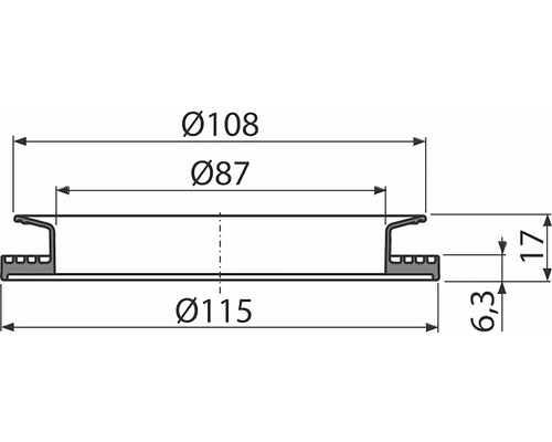 Technický výkres s rozmermi súčasti: priemery 108 mm, 87 mm a 115 mm, výšky 17 mm a 6,3 mm.