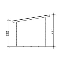 Technický nákres záhradného domčeka s rozmermi 221 cm výška vpredu a 269 cm výška vzadu
