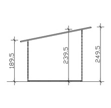 Technický nákres záhradného domčeka s rozmermi: výška prednej strany 189,5 cm, výška zadnej strany 249,5 cm a výška bočnej steny 239,5 cm.