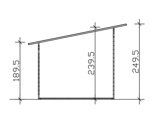 Technický nákres záhradného domčeka s rozmermi: výška prednej strany 189,5 cm, výška zadnej strany 249,5 cm a výška bočnej steny 239,5 cm.