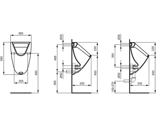 Technický nákres pisoáru s rozmermi