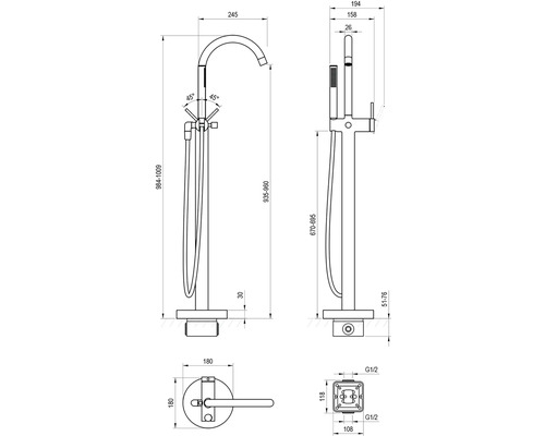 Technický nákres voľne stojacej vaňovej batérie s rozmermi