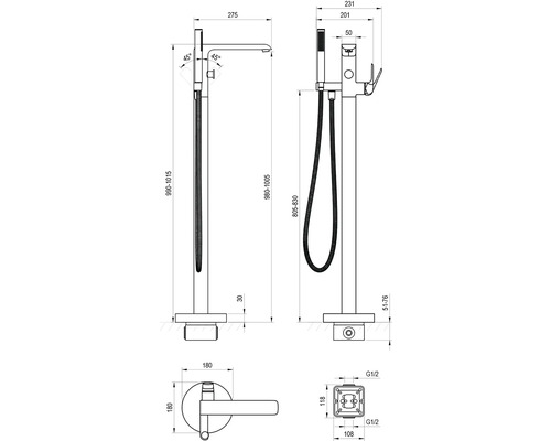 Technický nákres voľne stojacej vaňovej batérie s ručnou sprchou a rozmermi
