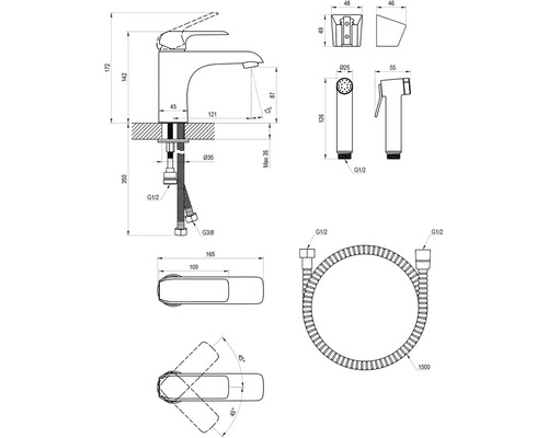 Technický nákres armatúry s rozmermi