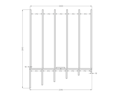 Technický výkres regálu s rozmermi.