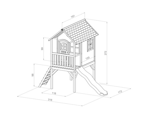 Rozmerový nákres herného domčeka so šmýkačkou a rebríkom