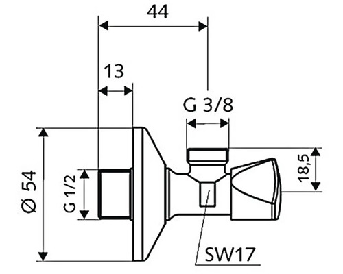 Technický výkres rohového regulačného ventilu s rozmermi