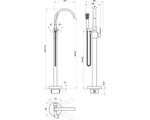 Technický nákres voľne stojacej vanovej batérie s ručnou sprchou a rozmermi.