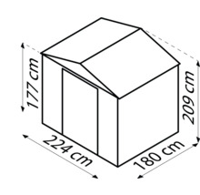 Obrázok rozmerov záhradného domčeka: 177 centimetrov x 224 centimetrov x 209 centimetrov x 180 centimetrov
