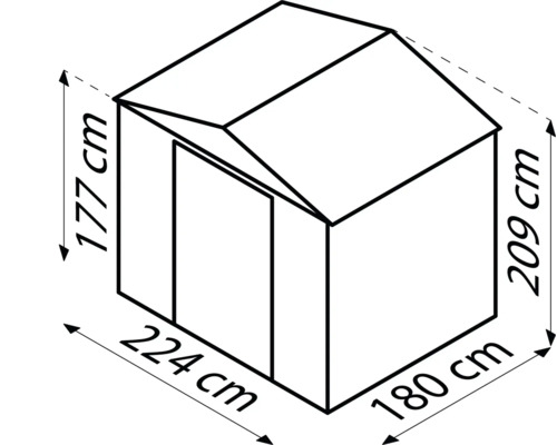 Obrázok rozmerov záhradného domčeka: 177 centimetrov x 224 centimetrov x 209 centimetrov x 180 centimetrov