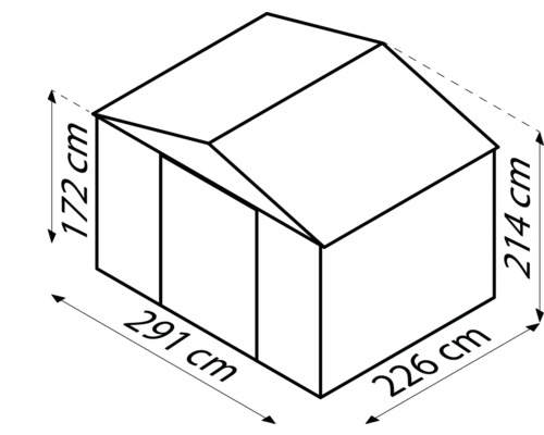 Technický nákres záhradného domčeka s rozmermi: výška 172 centimetrov a 214 centimetrov, šírka 291 centimetrov a 226 centimetrov.