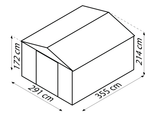 Nákres záhradného domčeka s rozmermi 291 centimetrov krát 355 centimetrov a výškou 172 centimetrov vpredu a 214 centimetrov vzadu