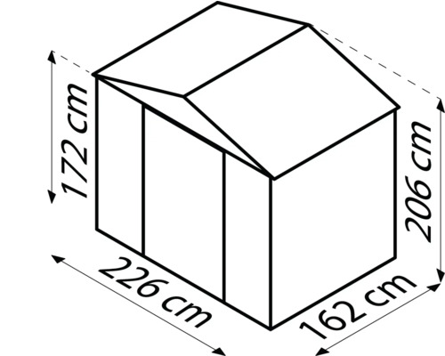 Ilustrácia záhradného domčeka s rozmermi: výška 172 cm vpredu, výška 206 cm vzadu, šírka 226 cm a hĺbka 162 cm