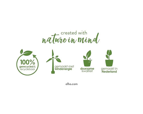 Symboly pre: 100 percent recyklovaný, vyrobené pomocou veternej energie, trvalo udržateľná kvalita a vyrobené v Holandsku