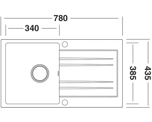 Technický výkres drezu s rozmermi 780 x 435 mm