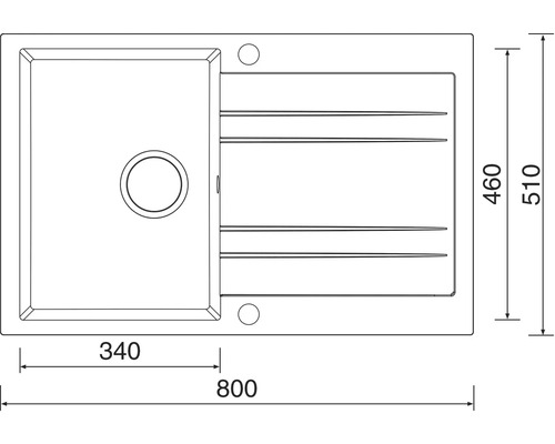 Výkres drezu s rozmermi 800 x 510 mm.