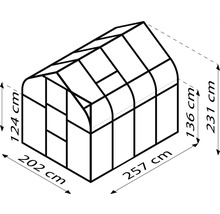 Ilustrácia skleníka s rozmermi 202 x 257 centimetrov pôdorysu a 124 a 231 centimetrov výšky
