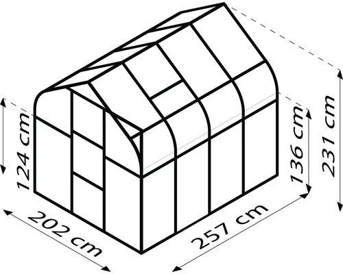 Ilustrácia skleníka s rozmermi 202 x 257 centimetrov pôdorysu a 124 a 231 centimetrov výšky