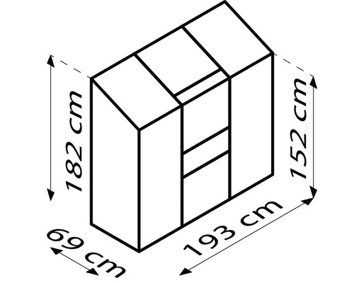 Rozmerový nákres skrine s rozmermi 182 cm výška, 69 cm šírka a 193 cm dĺžka