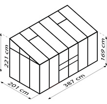 Nákres skleníka s rozmermi 221 cm výška, 201 cm šírka, 169 cm výška a 387 cm dĺžka