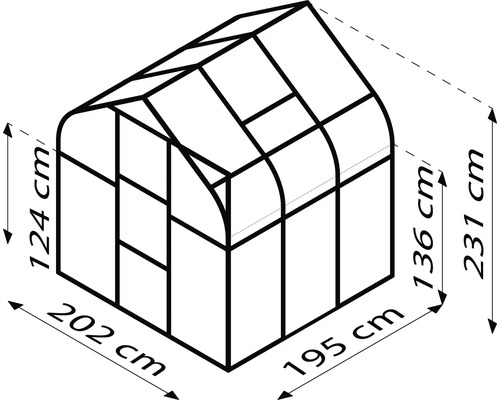 Obrázok skleníka s rozmermi 202 x 195 centimetrov v pôdoryse a výškou 124 až 231 centimetrov.