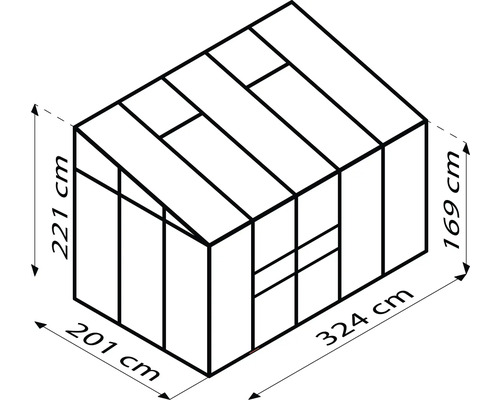 Technický nákres skleníka s rozmermi 221 cm výška, 201 cm šírka, 169 cm výška a 324 cm dĺžka