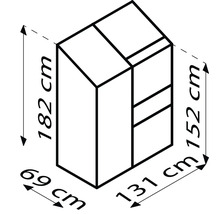 Rozmery skrine: výška 182 cm, hĺbka 69 cm, výška 152 cm a šírka 131 cm.