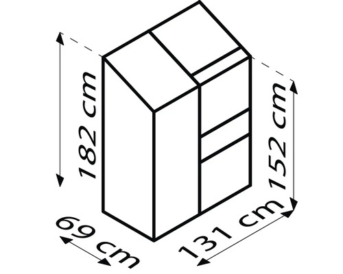 Rozmery skrine: výška 182 cm, hĺbka 69 cm, výška 152 cm a šírka 131 cm.