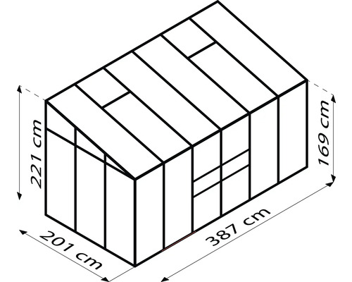 Obrázok skleníka s rozmermi 221 cm výška, 201 cm šírka a 387 cm dĺžka