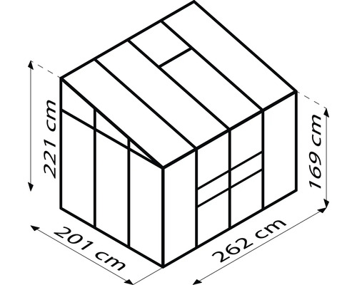 Technický nákres skleníka s rozmermi 262 cm x 201 cm x 221 cm x 169 cm.