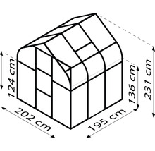 Obrázok skleníka s rozmermi 202 cm šírka, 195 cm hĺbka a 231 cm výška